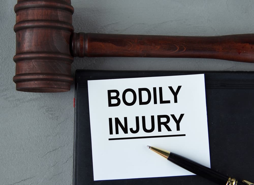 "Bodily Injury" written on a white sheet, accompanied by leather notebooks, a judge's gavel, and a pen.