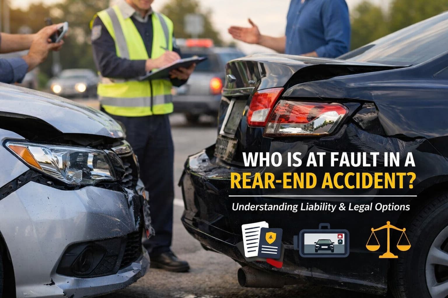 Rear-end car accident scene showing vehicle damage and police documentation used to determine fault and liability under Florida traffic law