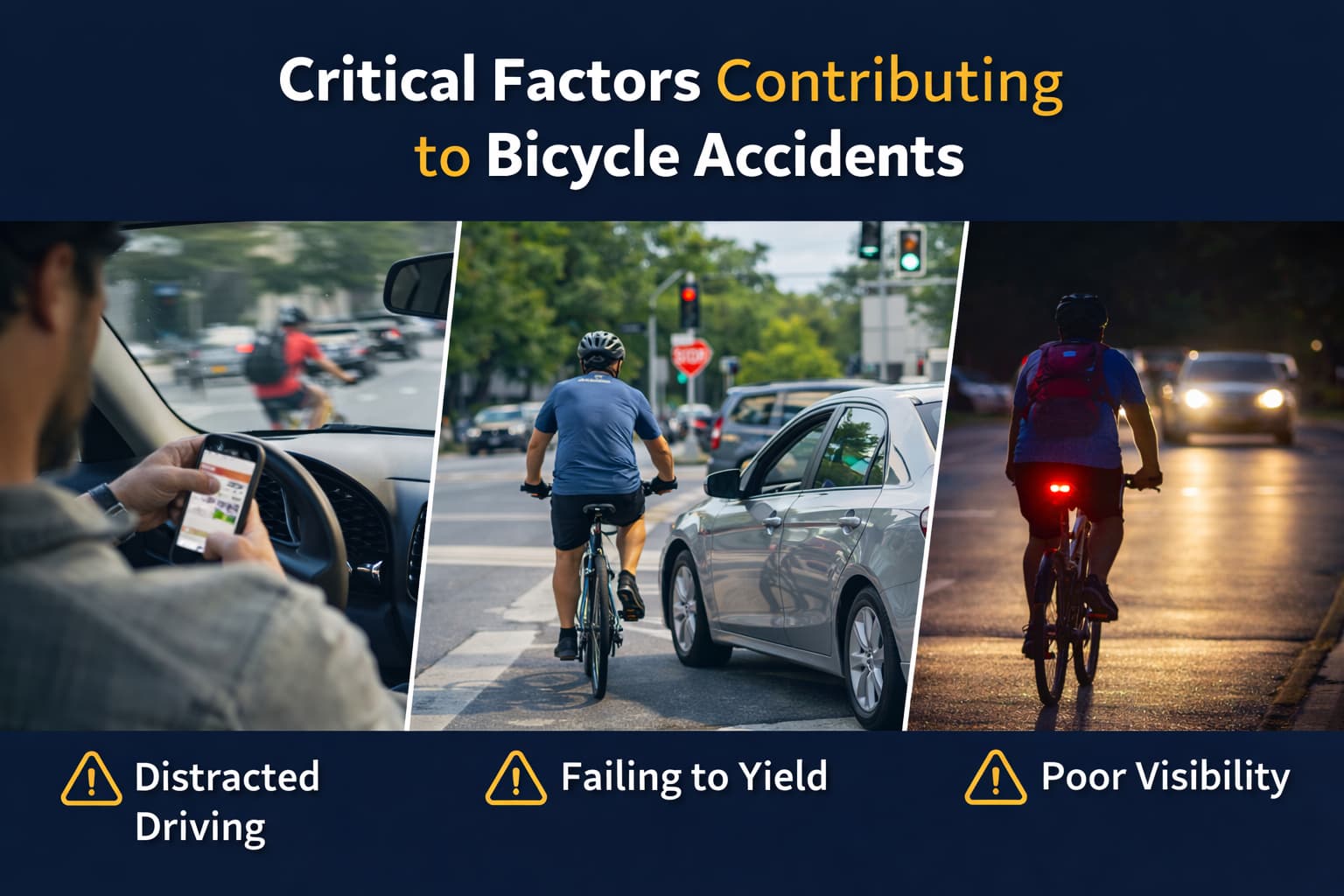 Critical factors contributing to bicycle accidents including distracted driving, failure to yield, and poor visibility at night