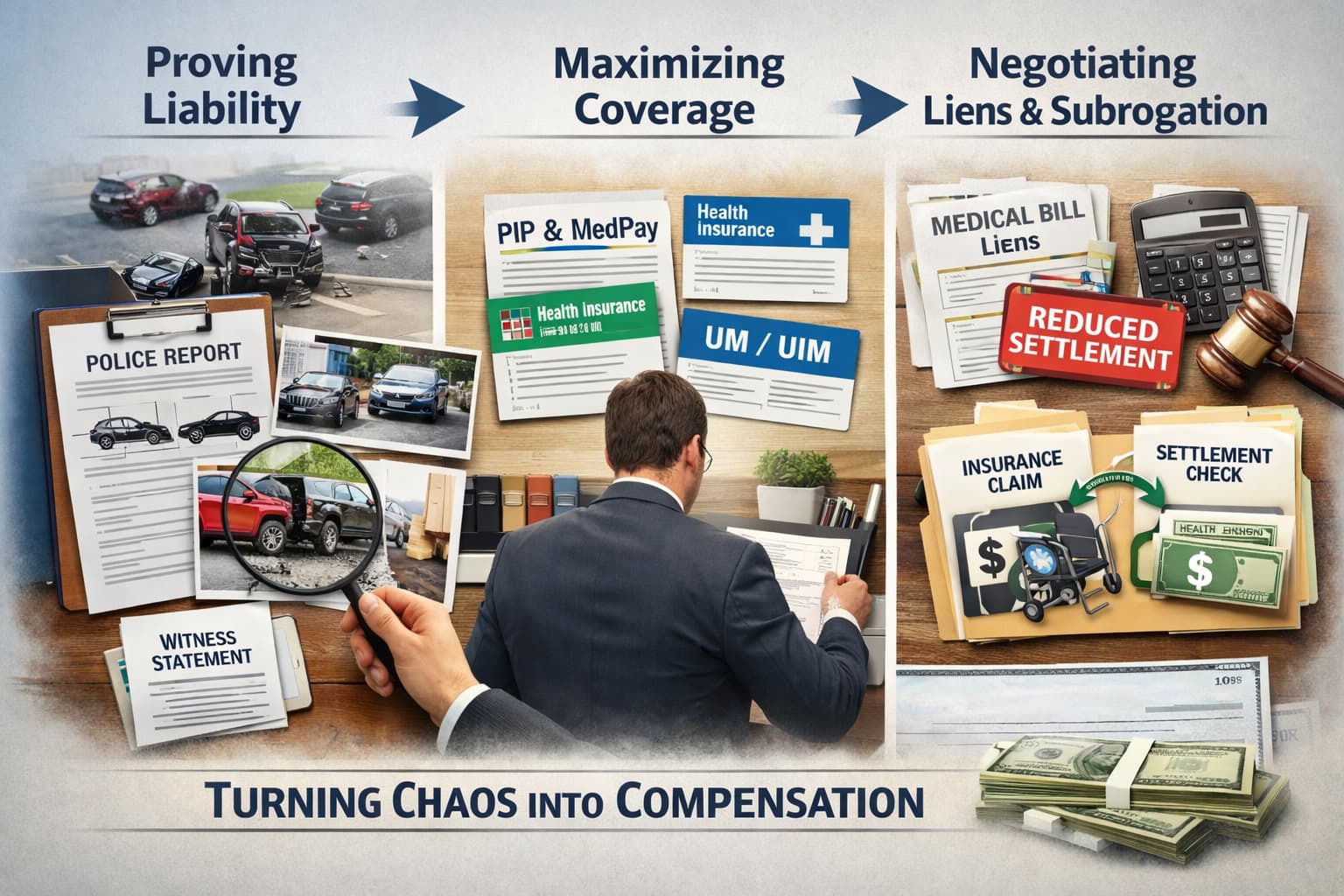 Car accident lawyer reviewing insurance claims, medical bills, and evidence to establish liability and maximize compensation after a crash