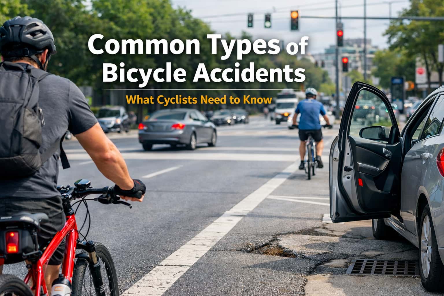 Common types of bicycle accidents including dooring and intersection hazards on a city street with cyclists and vehicles