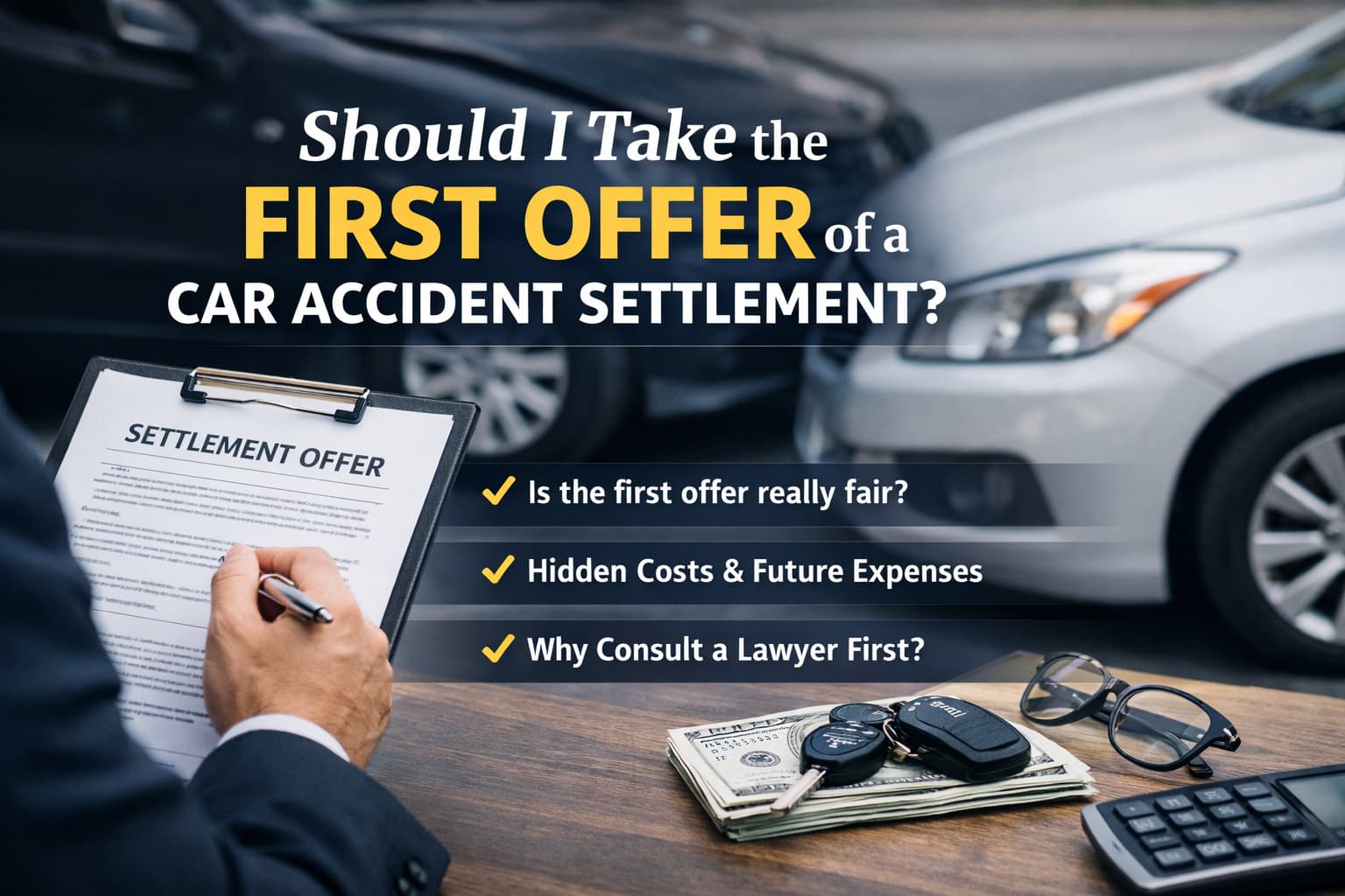 Should you take the first car accident settlement offer? Lawyer reviewing insurance settlement documents with cars blurred in background.