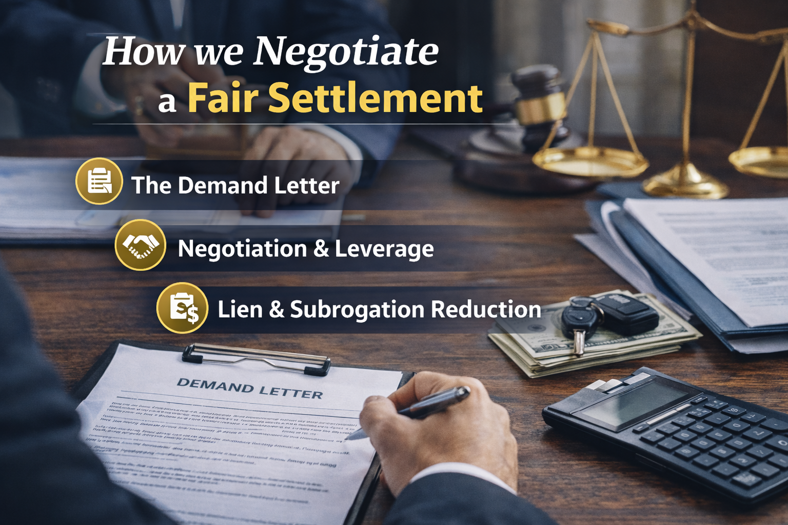 Attorney preparing a demand letter and negotiating a fair car accident settlement with insurance documents and legal tools on desk.