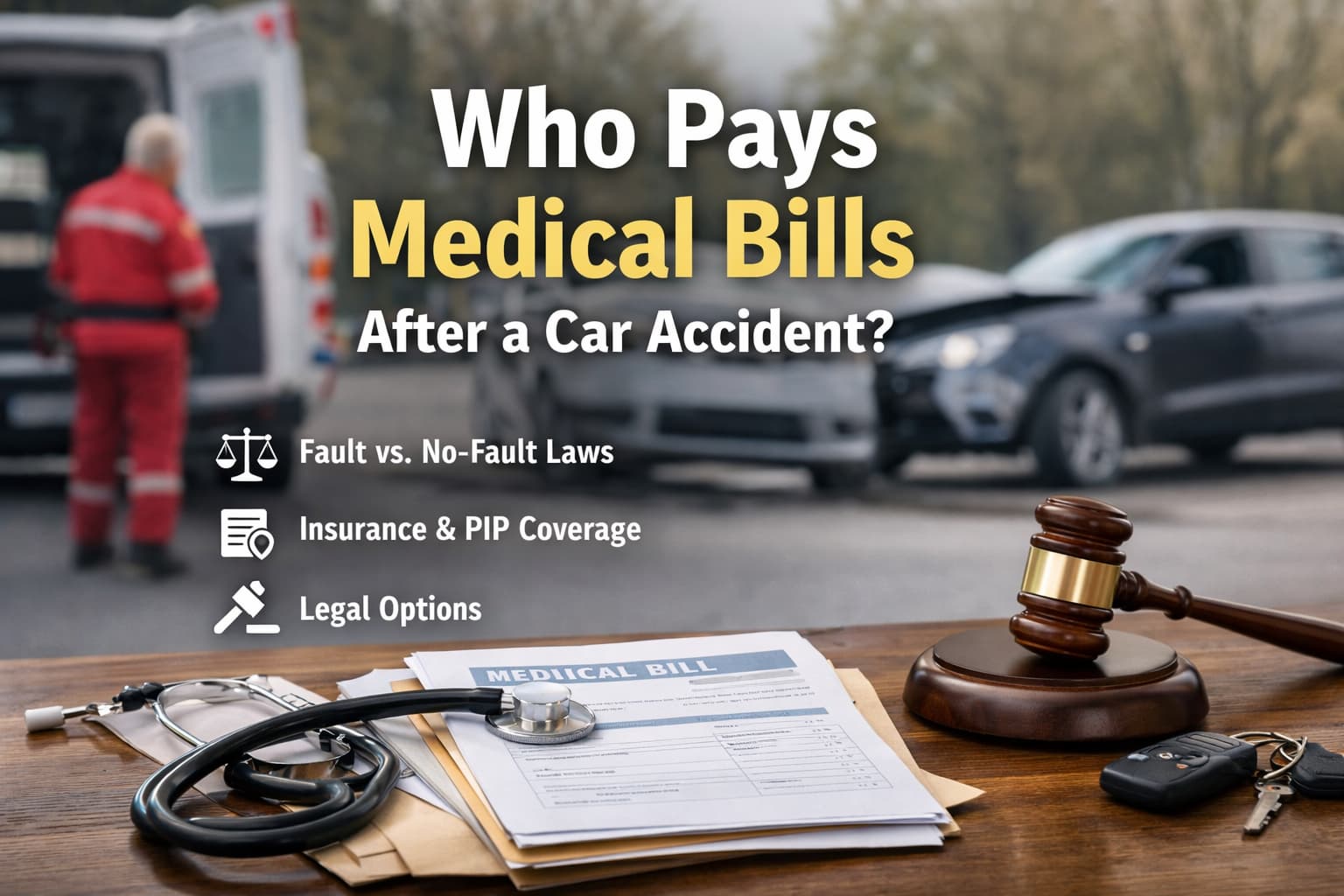 Who pays medical bills after a car accident with insurance documents, medical bill paperwork, and legal symbols on a desk