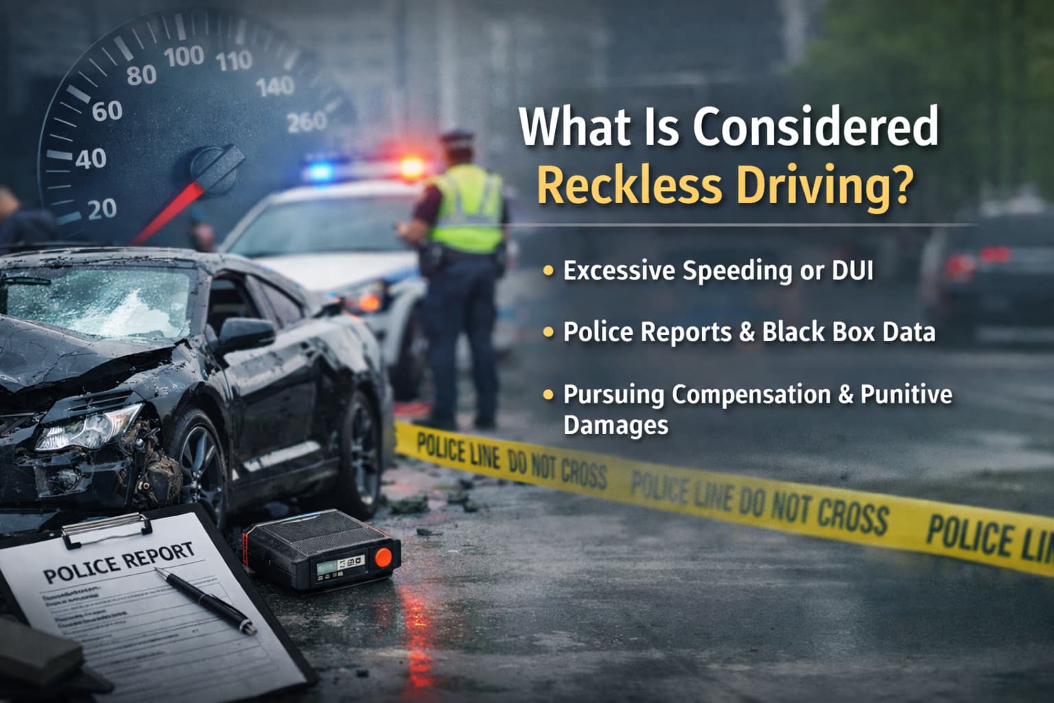 Reckless driving crash scene showing damaged vehicles, police investigation, and evidence documentation highlighting dangerous driving behaviors