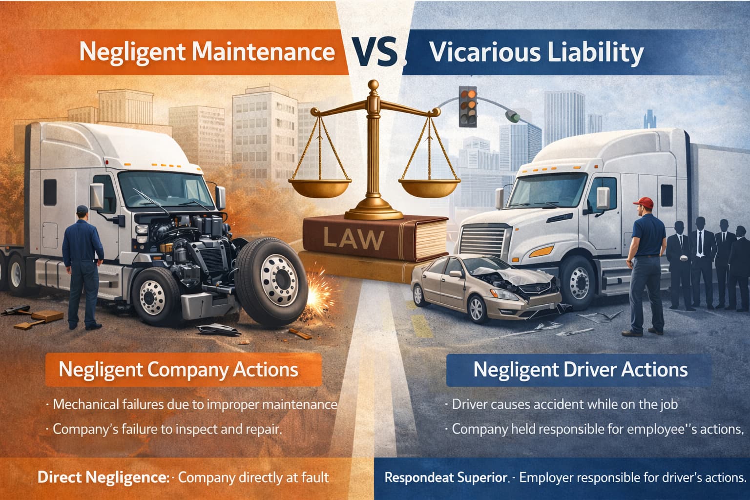 Infographic comparing negligent maintenance vs vicarious liability in truck accidents showing company responsibility and driver actions