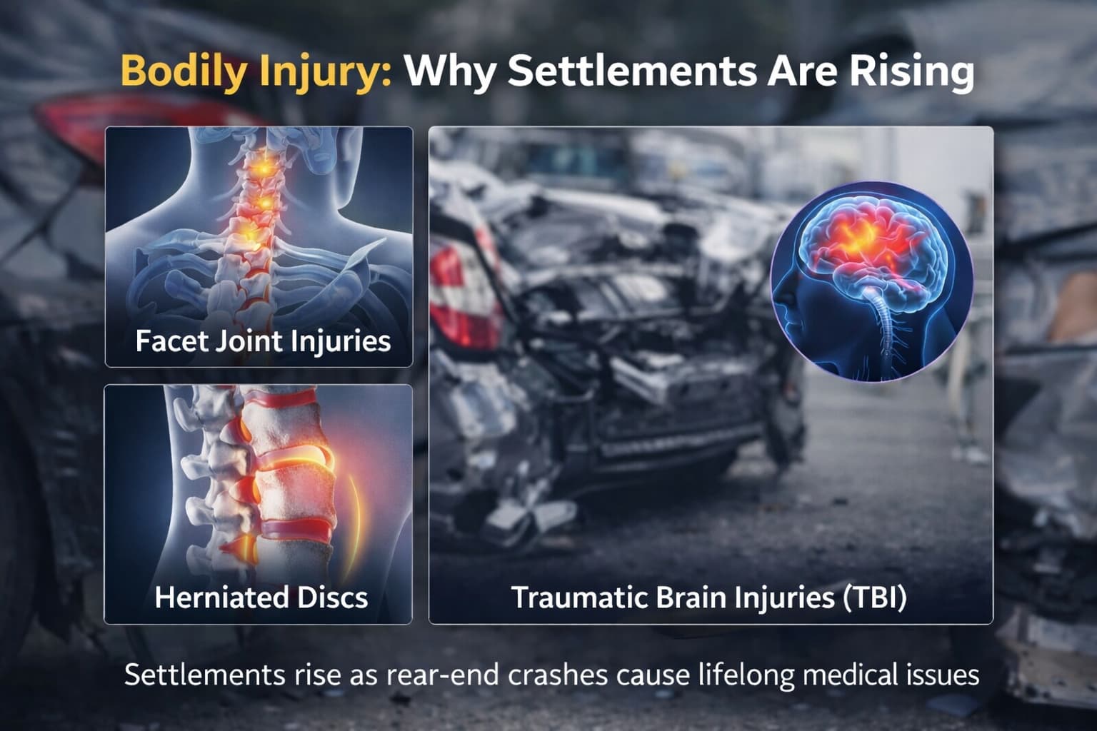 Bodily Injury After Rear-End Collisions – Why Injury Settlements Are Rising Medical illustrations showing spinal and brain injuries linked to rear-end collisions, explaining why bodily injury settlements are increasing