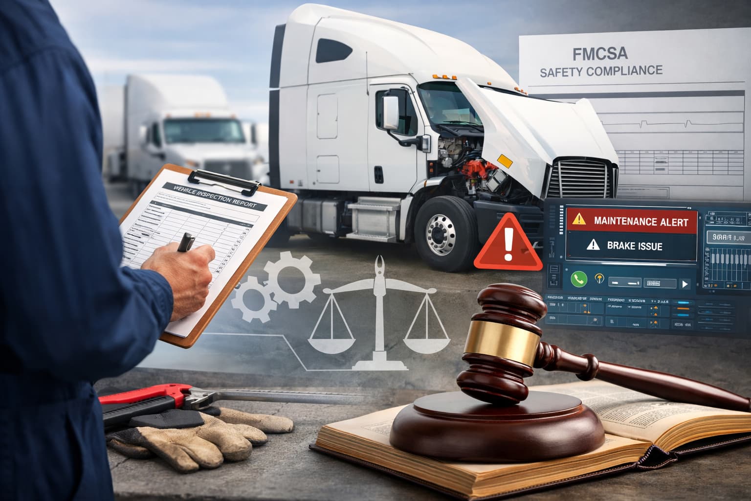 Trucking company safety inspection showing a semi truck under maintenance review with compliance documents and vehicle inspection reports
