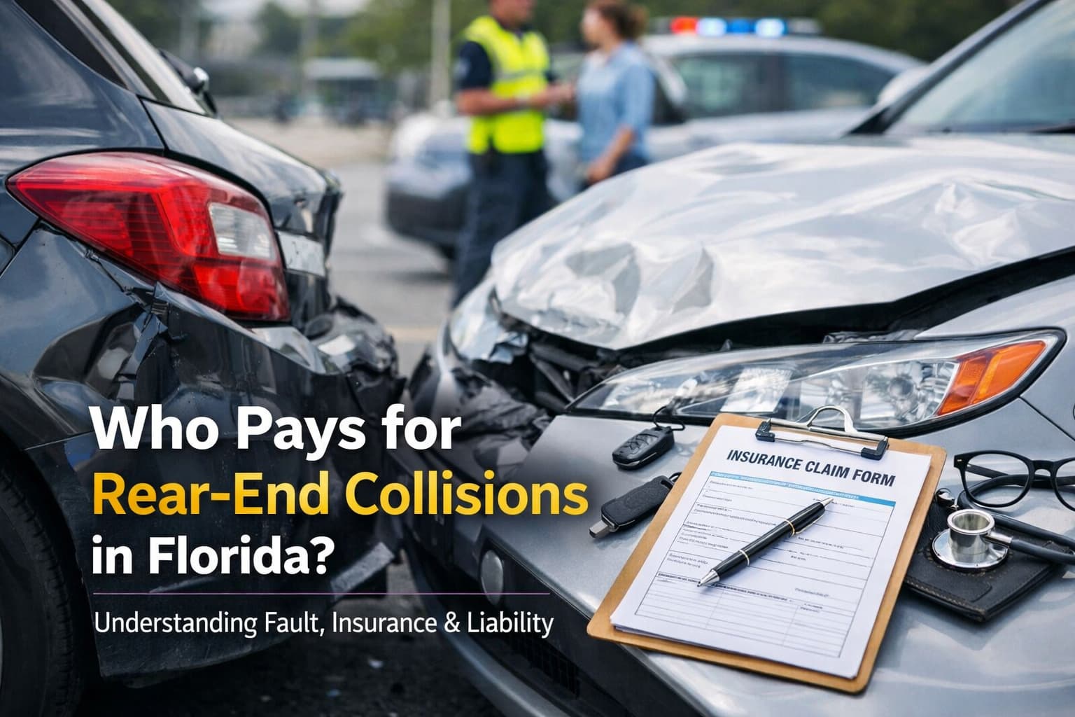 Who Pays for Rear-End Collisions in Florida – Fault and Insurance Explained Rear-end car collision scene in Florida showing vehicle damage and insurance claim paperwork illustrating liability and fault after an accident